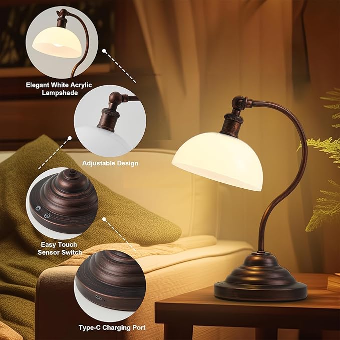 Cordless LED Table Lamp, 180° Swing Arm Desk Lamp, Rechargeable, Dimmable/3 Color/Memory Function, Vintage Rechargeable Table Light for Living Room,Bedroom,Bedside, Oil Rubbed Bronze - Aura Lighting