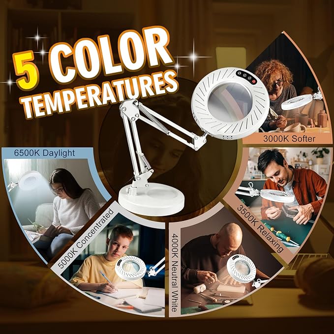12X Magnifying Glass with Light and Stand, 144 LEDs Brightest Desktop Magnifying Lamp, 10 Dimmable Brightness 5 Color Modes, Hands Free Metal Desk Lamp for Craft Reading Painting (White)