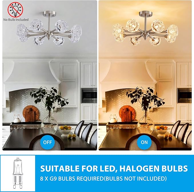 XINGQI Brushed Nickel Ceiling 8 Light Modern 24" Semi Flush Mount Sputnik Ceiling Light Fixture Industrial Chandelier Farmhouse Lighting for Hallway Dining Room Living Room Kitchen Bedroom - Aura Lighting
