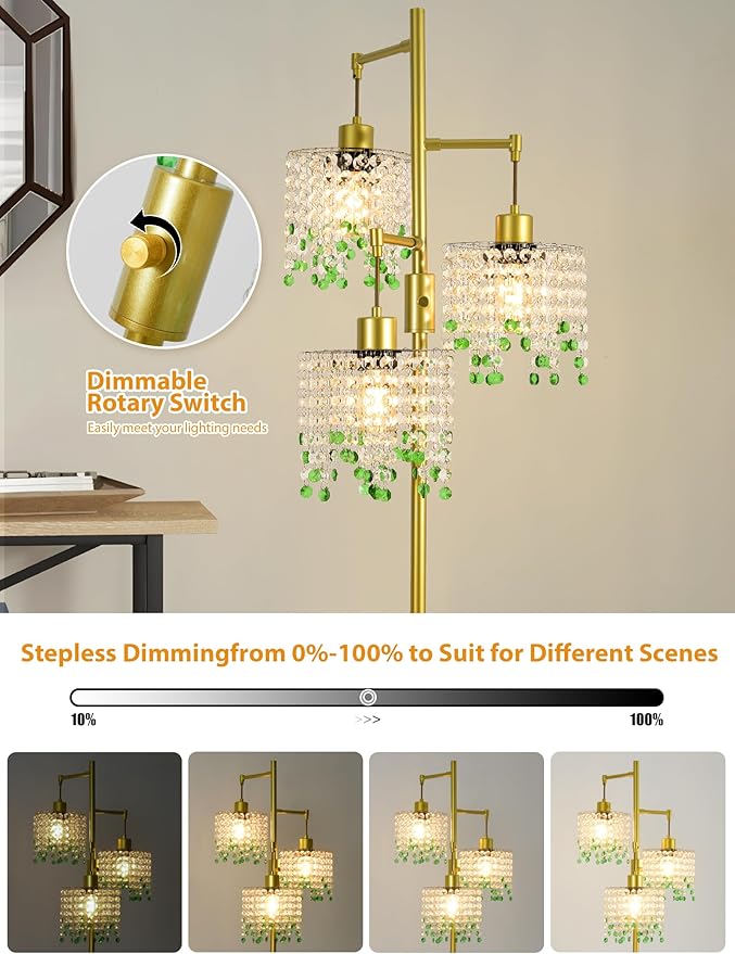 64" Crystal Floor Lamp with 3 Lights, Elegant Crystal Floor Lamp, Modern Standing Lamp, Gold Metal Base, K9 Crystal Beads with Green Accentsfor Living Room, Bedroom, Office