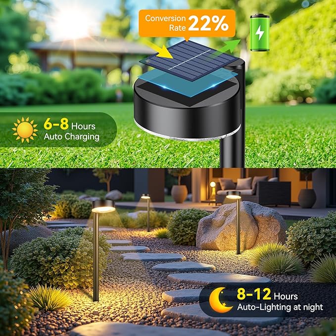 12 Pack Solar Pathway Lights Outdoor, 12 Brighter LED Solar Lights Outdoor Waterproof, Up to 12 Hrs Modern Solar Powered Path Light for Yard Garden Walkway Driveway - Aura Lighting