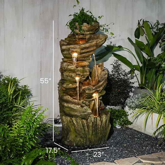 55" H Outdoor Water Fountain 7-Tiers Large Cascading Imitative Wood Natural Waterfall Outdoor Fountains Resin Floor Standing Foutain with LED Lights for Garden, Patio, Porch