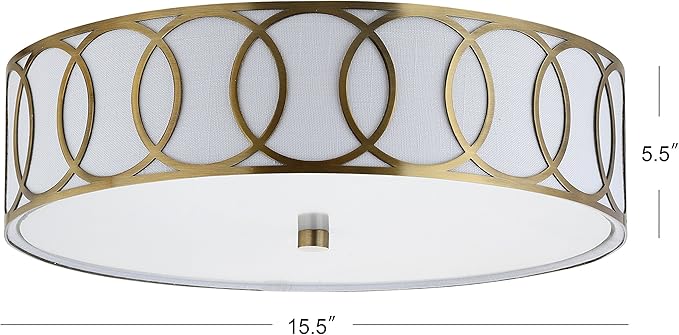 JONATHAN Y 12.25" Brass Gold Modern Metal LED Flush Mount Ceiling Light for Bedroom Hallway, White Linen Drum Shade with Geometric Fretwork, LED Bulbs Included (JYL3503A)