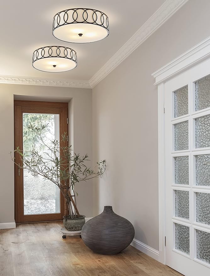 JONATHAN Y 12.25" Oil Rubbed Bronze Modern Metal LED Flush Mount Ceiling Light for Bedroom Hallway, White Linen Drum Shade with Geometric Fretwork, LED Bulbs Included (JYL3503C)