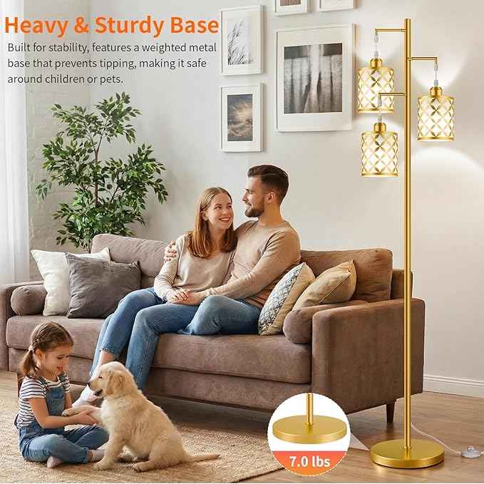 New Upgraded 72" Tall Dimmable Floor Lamp with 3 x 1100LM 12W Bright LED Bulbs, Farmhouse Standing Lamp with Remote Control, Industrial Tree Pole Floor Lamps for Living Room, Bedroom, Office - Gold
