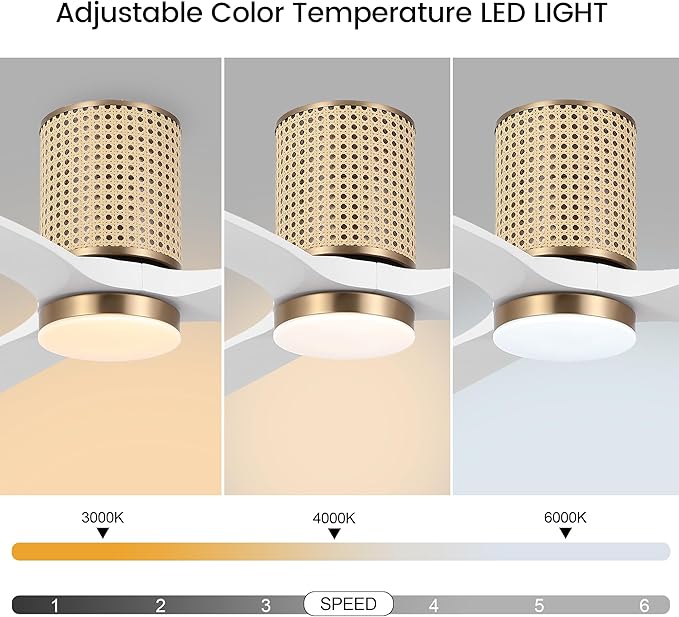 52" Ceiling Fan with Light - Low Profile Flush Mount Ceiling Fan, 6-Speed Remote Control, Solid Wood, Quiet Reversible DC Motor, White/Gold Finish, for Bedroom, Living Room, Porch - Aura Lighting