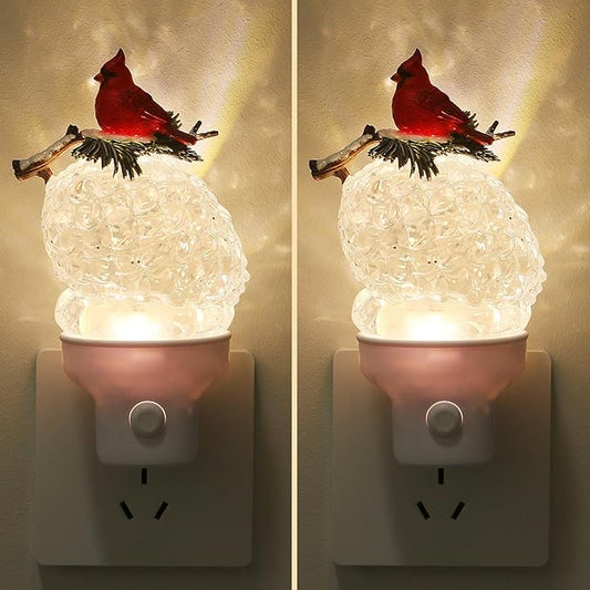 2 Pack Christmas Night Light Plug into Wall Glitter Water Nightlight with USB/Outlet Options, Christmas Cardinal and Pinecone Decorative Nightlight for Holiday Decorations (Cardinal and Pinecone)