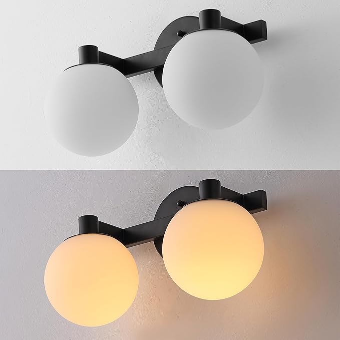 JONATHAN Y 5.75" Black/White Modern Globe LED Vanity Wall Sconce Light, White Frosted Glass Shade, Mid-Century Art Deco Wall Lamp for Bathroom, Kitchen, Hallway (JYL3541B)