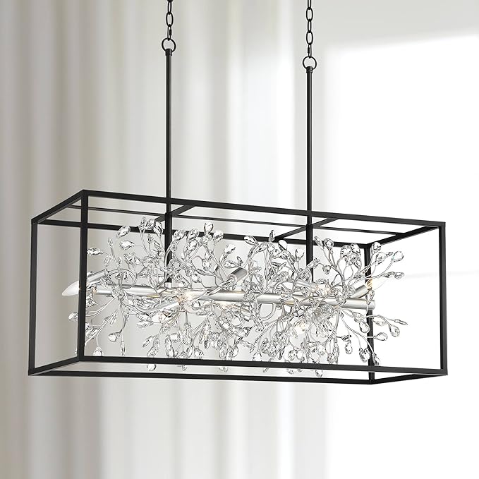 Possini Euro Design Carrine Black Silver Metal Rectangle Linear Pendant Chandelier 38 1/2" Wide Modern Clear Crystal Flower Vine 8-Light Fixture for Kitchen Island Dining Room House High Ceilings - Aura Lighting