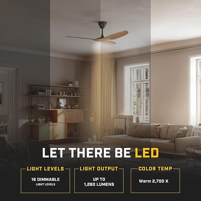 Big Ass Fans – Haiku L, Smart Ceiling Fan – Energy Efficient Cooling for Home, Bedroom, Office, Living Space, and More – 16 Lighting Settings with 7 Speed Settings – 52” - Caramel/Black - Aura Lighting