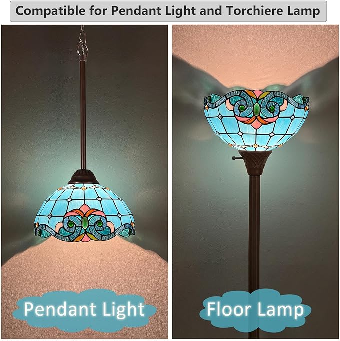 Tiffany Lamp Shade, 12 inch Medium Stained Glass Lampshade replacement for Torchiere Floor Lamp and Pendant Light Fixtures
