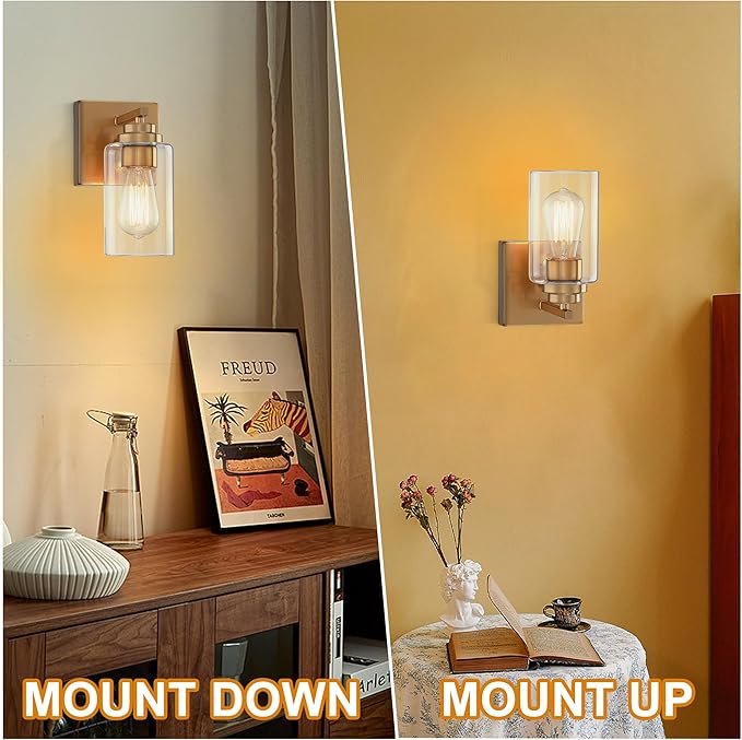 Pia Ricco Wall Sconces Set of 2, Bedside Wall Lamps with Rotary Switch for Bedroom, Modern Bathroom Light Fixtures with Clear Glass Shade, Gold Sconces Wall Lights for Living Room, Hallway, Kitchen - Aura Lighting