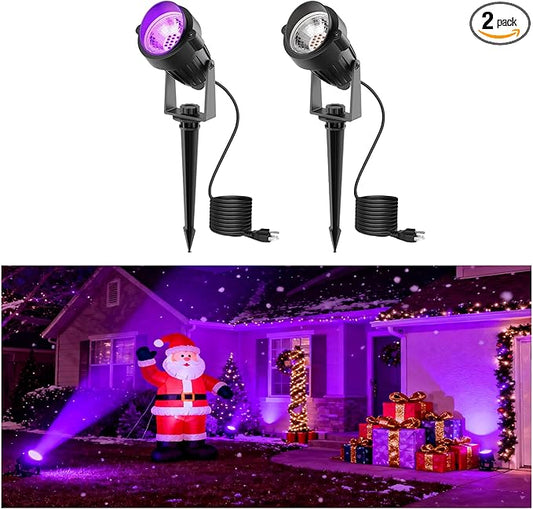 L LOHAS LED Christmas Spotlight Outdoor, Purple Halloween Spot Lights for Yard, Auto On/Off 5W 120V Landscape Lighting for House, Holiday, Trees, Decoration, 450LM IP66 Waterproof, UL Listed, 2 Pack - Aura Lighting