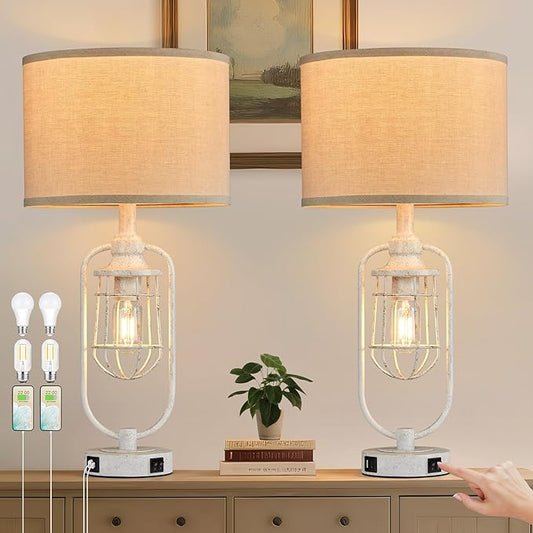 Farmhouse Table Lamps for Living Room Set of 2, Lamps for Night Stands Set of 2, Industrial Bedside Lamps for Bedroom Nightstand with USB A+C, Bulbs Included