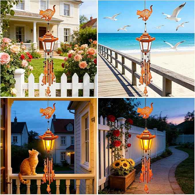 Cat Solar Wind Chimes for Outside, Birthday Gifts for Mom Women Grandma Mother's Day Memorial, 34-Inch Windchimes with Wind Spinner, Outdoor Hanging Solar Lights Waterproof Garden Decor Yard, 2 Pack