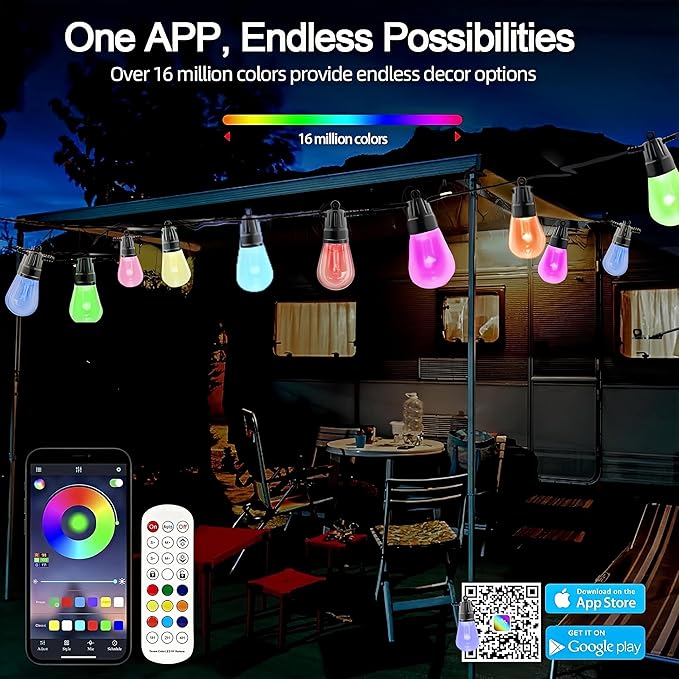 String Lights for Outside,49FT Outdoor String RGB Patio Lights with Waterproof 15 Bulbs,String Lights Patio with App & Remote, Color Changing String Light for Garden Yard Porch Party Decor