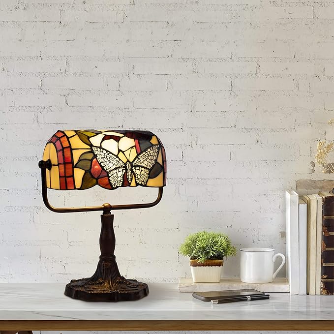 Tiffany Style Bankers Lamp-Stained Glass Butterfly Design Table or Desk Light LED Bulb Included-Vintage Look Colorful Accent Decor by Lavish Home