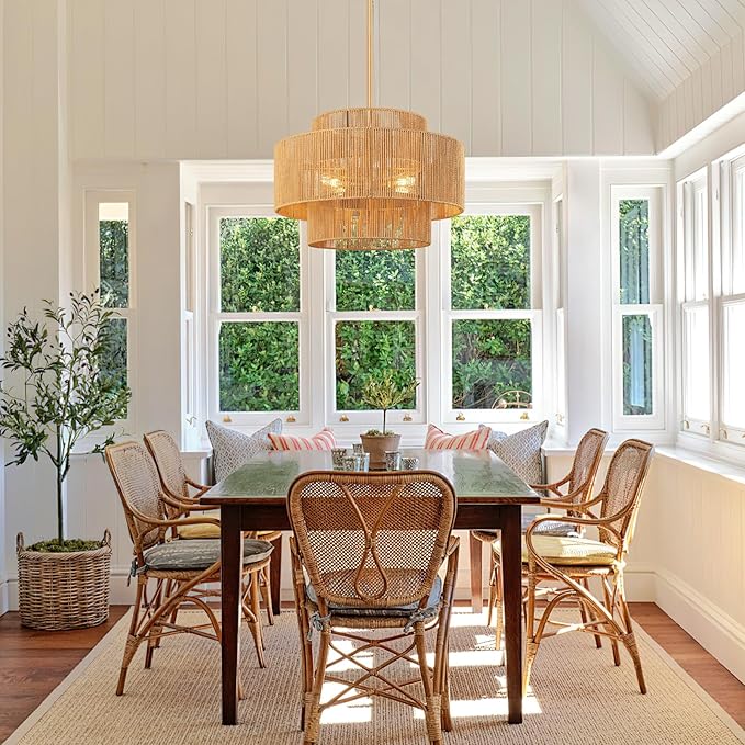 24'' Boho Rattan Chandelier, 4-Light Hand-Woven Wicker Pendant Lamp, Rustic Modern Ceiling Light Fixture for Dining Room, Kitchen Island, Living Room, Bedroom, Foyer, Entryway, Over Table - Aura Lighting