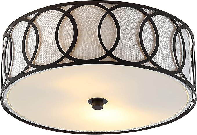 JONATHAN Y 12.25" Oil Rubbed Bronze Modern Metal LED Flush Mount Ceiling Light for Bedroom Hallway, White Linen Drum Shade with Geometric Fretwork, LED Bulbs Included (JYL3502C)