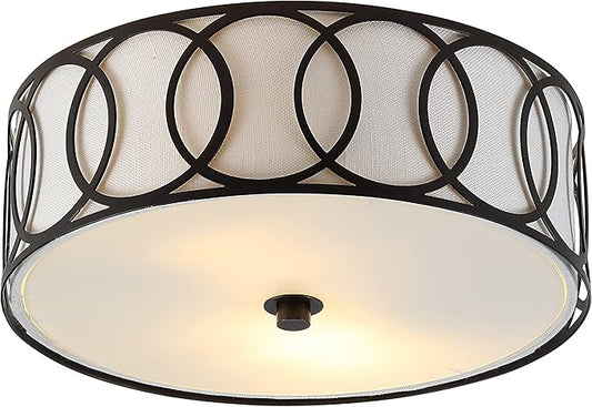 JONATHAN Y 12.25" Oil Rubbed Bronze Modern Metal LED Flush Mount Ceiling Light for Bedroom Hallway, White Linen Drum Shade with Geometric Fretwork, LED Bulbs Included (JYL3502C)