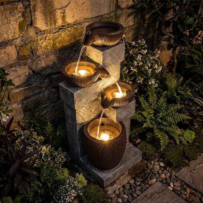 Giantex 32'' Water Fountain Outdoor, 4-Tier Cascading Bowls Waterfall Fountain with Warm LED Lights & Pump, Outside Zen Water Feature for Patio, Balcony, Deck, Garden, Yard Decor