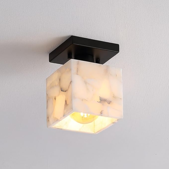 JONATHAN Y 5" White Marbling/Black Modern 1-Light Semi Flush Mount Ceiling Light for Bedroom, Cube White Alabaster Marble Shade, Mid-Century Minimalist Fixture, LED Bulb Included (JYL1202B)