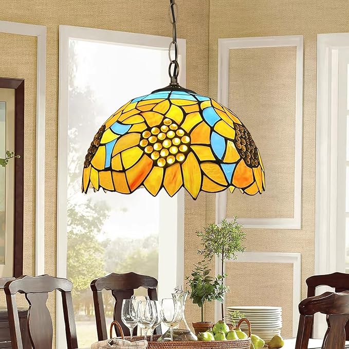 Tiffany Lamp Shade Replacement, 12" Stained Glass Sunflower Lampshades, Vintage Orange Yellow Blue Flower Light Cover Only 1-5/8-Inch Fitter Opening for Arched Floor Lamp Torchiere Lamp,Blue