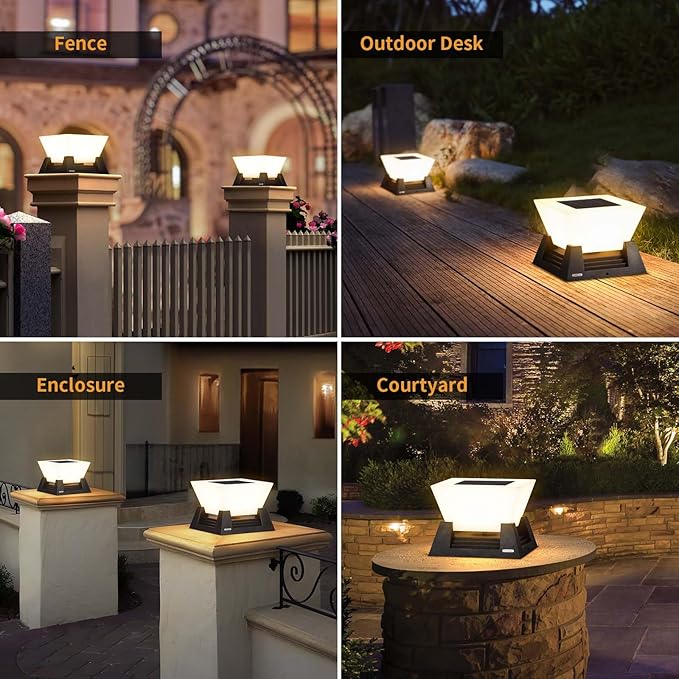 Solar Post Lights, 11'' Pillar Light Fixture, Waterproof Dusk to Dawn Fence Column Lantern with 3000K LED, Post Cap Lamp Outdoor Lighting for Patio Garden Driveway Deck Yard Entrance