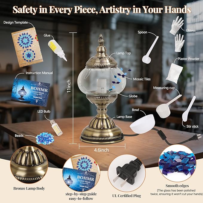 DIY Turkish Mosaic Lamp Kit, Stained Glass Table Lamp Making Kit- Easy and Fun, No Experience Needed, Mosaic Art & Craft Project Kits for Adults & Teens, Make Your Own Table Lamp,Blue