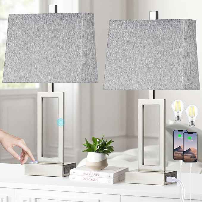 23.5" Touch Control Table Lamps, Metal Bedside Lamp for Bedroom Set of 2 with USB A+C Ports & AC Outlet, 3-Way Dimmable Nightstand Lamp for Living Room (LED Bulb Included)