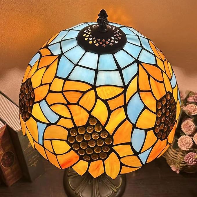 Tiffany Lamp Shade Replacement, 12" Stained Glass Sunflower Lampshades, Vintage Orange Yellow Blue Flower Light Cover Only 1-5/8-Inch Fitter Opening for Arched Floor Lamp Torchiere Lamp,Blue