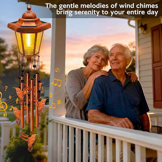 Large Solar Hummingbird Wind Chimes, Gifts for Women Mom Grandma Wife Sister Daughter Neighbor, Classic Bronze Wind Chimes with Wind Catcher, Solar Decor Lights for Outdoor Garden Patio Porch Window
