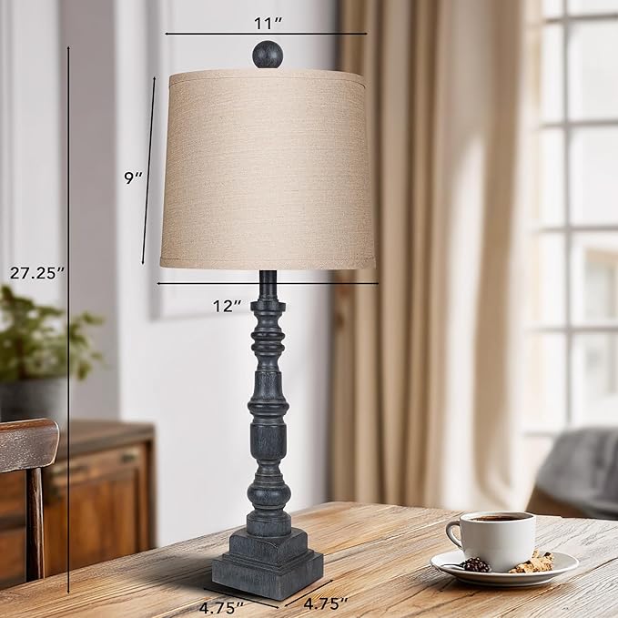 PARTPHONER 28" Table Lamp for Living Room Set of 2, Rustic Buffet Lamps with USB A+C, Farmhouse Bedroom Lamp, Vintage Mid Century Bedside Nightstand Lamps for End Table Home Decor Office Antique Grey