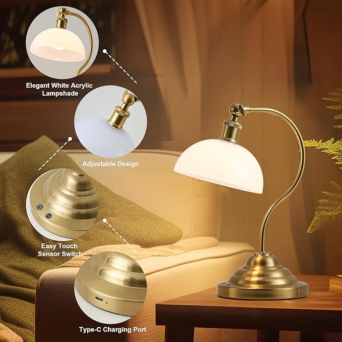 Cordless LED Table Lamp Set of Two, Swing Arm Desk Lamp, Battery Operated,Dimmable/3 Color,Modern Rechargeable Table Light for Living Room,Bedroom,Bedside, White Glass Shade, Brass - Aura Lighting