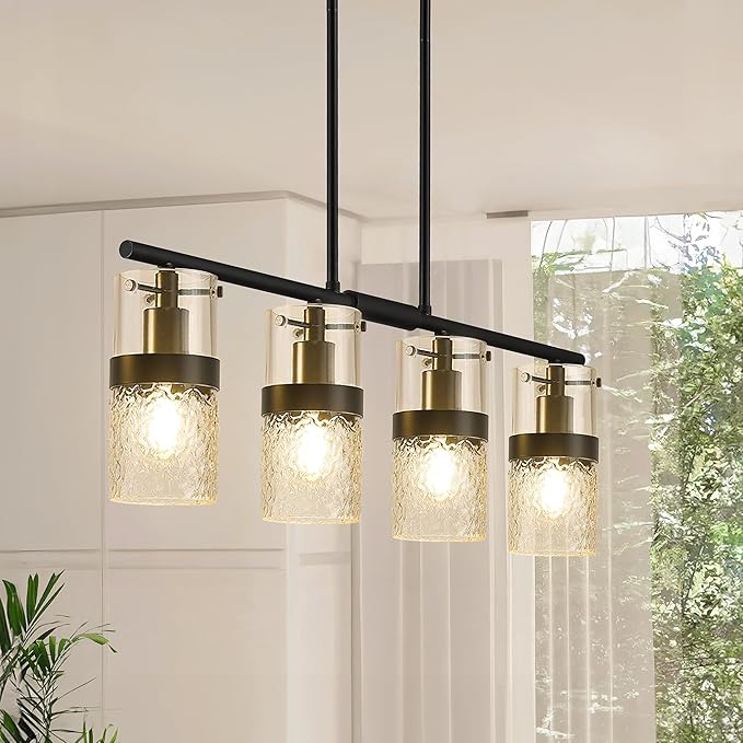 LMS 4-Light Island Lights, Farmhouse Light Fixtures with Hammered Glass Shade, Matte Black Linear Chandelier Pendant Lighting Over Table for Adjustable Height, Kitchen Island, LMS-171BK-4 - Aura Lighting