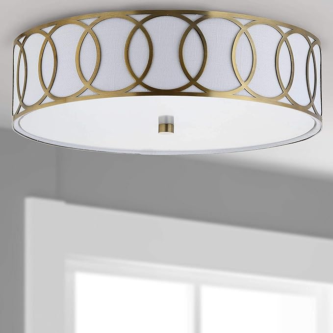 JONATHAN Y 12.25" Brass Gold Modern Metal LED Flush Mount Ceiling Light for Bedroom Hallway, White Linen Drum Shade with Geometric Fretwork, LED Bulbs Included (JYL3503A)