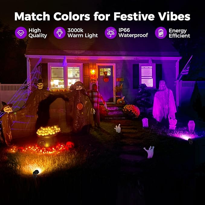 L LOHAS LED Christmas Spotlight Outdoor, Purple Halloween Spot Lights for Yard, Auto On/Off 5W 120V Landscape Lighting for House, Holiday, Trees, Decoration, 450LM IP66 Waterproof, UL Listed, 2 Pack - Aura Lighting