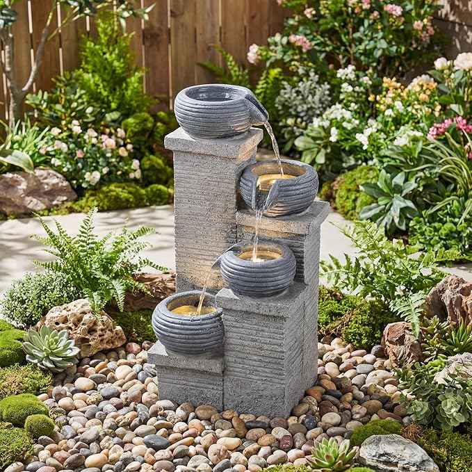 Giantex 4-Tier Water Fountain Outdoor, 23 Inch Cascading Bowls Waterfall Fountain with Warm LED Lights & Pump, Outside Zen Water Feature for Patio, Balcony, Deck, Garden, Yard Decor