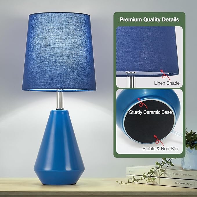 Small Bedside Table Lamp for Bedroom-Reading Desk Lamp Set of 2,with 3 Color Temperatures,15.5" Nightstand Ceramic Lamp with Fabric Shade for Kids Room,Living Room,Dorm,Home Office(Blue)