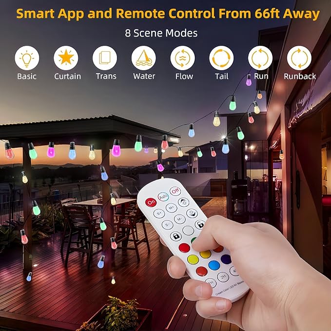 String Lights for Outside,49FT Outdoor String RGB Patio Lights with Waterproof 15 Bulbs,String Lights Patio with App & Remote, Color Changing String Light for Garden Yard Porch Party Decor