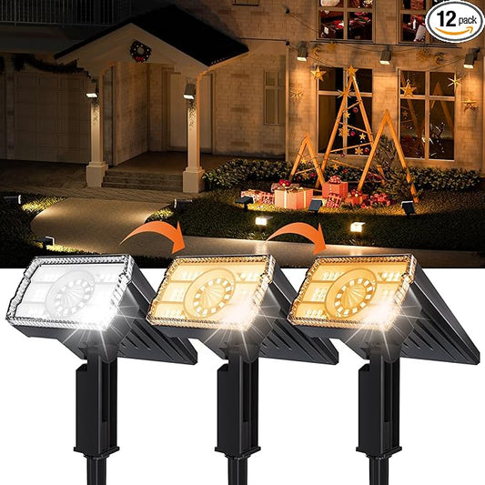 12 Pack Solar Spotlights Outdoor Waterproof IP67,Adjustable Wall&Ground Solar Lights Powered with 3 Colors, 3 Modes, Dusk to Dawn for Pathway/Garden/Yard/Patio/Driveway/Landscape Lighting Outside - Aura Lighting