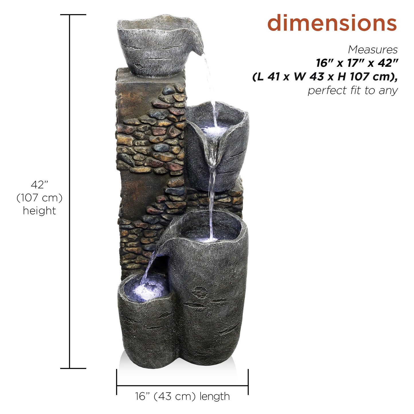 HIM562 Outdoor 4 Tier Stone Bowl Fountain with LED Lights for Garden