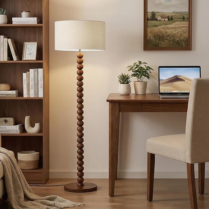 Buruis 61" Beaded Wood Floor Lamp with 17.2" Large Linen Shade, UL Listed, Retro Mid-Century Accent Walnut Finish Standing Lamp for Living Room, Bedroom, Office, Corner, Bulb Not Included, Cream