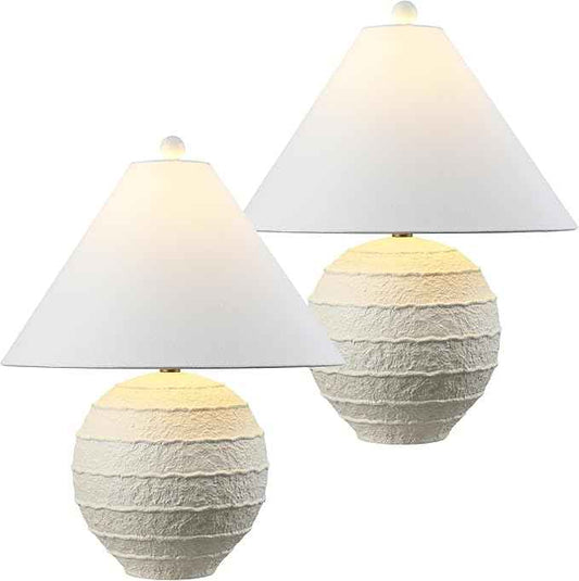 JONATHAN Y 21" Antique White Coastal Cottage Textured Resin Table Lamp Set of 2, Farmhouse Ridged Nightstand Lamps for Living Room Bedroom, White Linen Shade, LED Bulbs JYL9205A-SET2