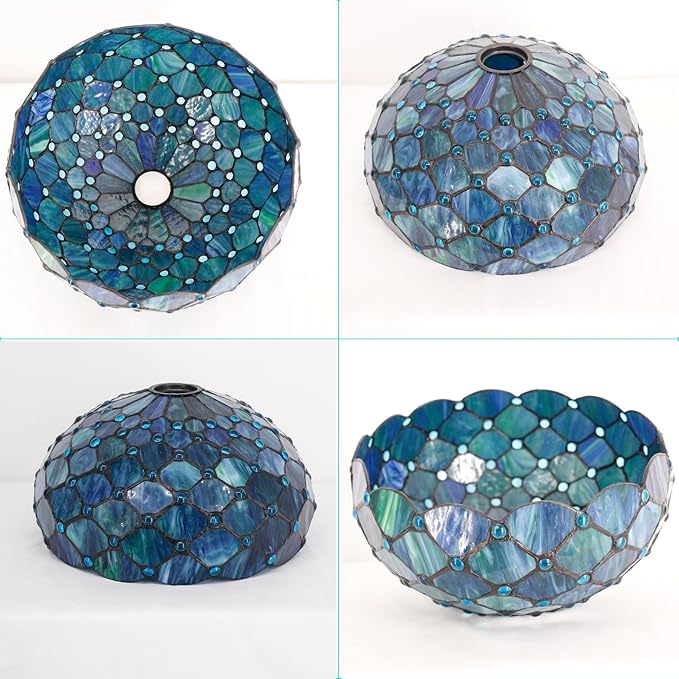 Tiffany Lamp Shade Replacement 12X6 Inch Stained Glass Lampshade Only 1-5/8-Inch Fitter Opening for Arched Floor Lamp, Torchiere Lamp, Pendant Light (Blue)