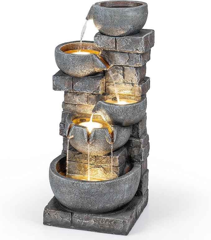 Giantex 33'' Water Fountain Outdoor, 5-Tier Cascading Stacked Stone Bowl Waterfall Fountain with LED Lights & Pump, Outside Water Feature for Patio, Balcony, Deck, Garden, Yard Decor