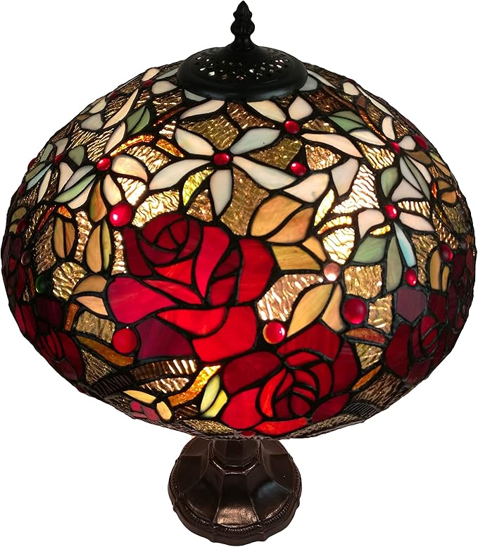 Tiffany Style Table Lamp Banker 24" Tall Stained Glass Yellow Brown Red Floral Roses Vintage Light Décor Nightstand Living Room Bedroom Office Handmade Gift AM1535TL16B Amora Lighting