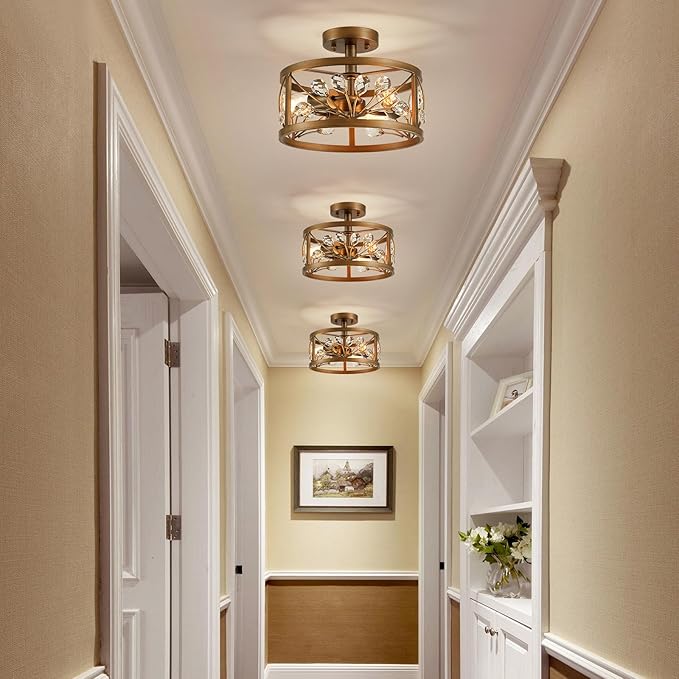 WUZUPS Crystal Leaf Chandelier 3-Light Vintage Farmhouse Industrial Semi-Flush Mount Ceiling Light Modern Lighting Fixture Foyer Hallway Storage Room Kitchen Bathroom, H 8.5" W 12", Oil Rubbed Bronze