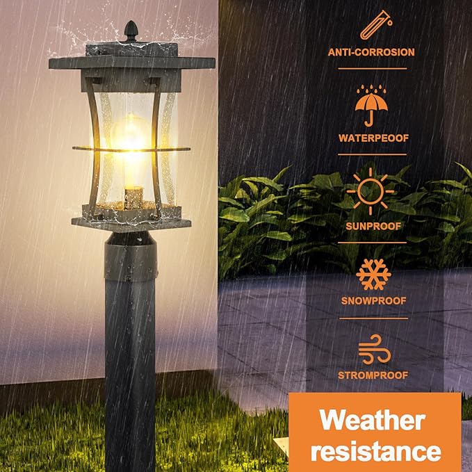 Dusk to Dawn Outdoor Post Light Fixture Waterproof Pole Mount Light with Pier Mount Adapter, Black Finish with Seeded Glass Outdoor Post Lantern for Patio, Garden, Porch and Backyard - Aura Lighting