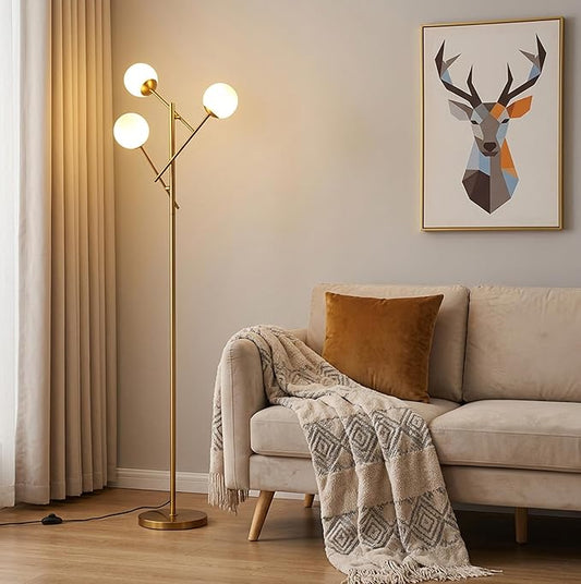 Fiqevs 3-Globe Floor Lamp - Adjustable Mid Century Modern Stand Lamp with Warm White LED Bulbs for Living Room, Bedroom - Antique Brass/Gold